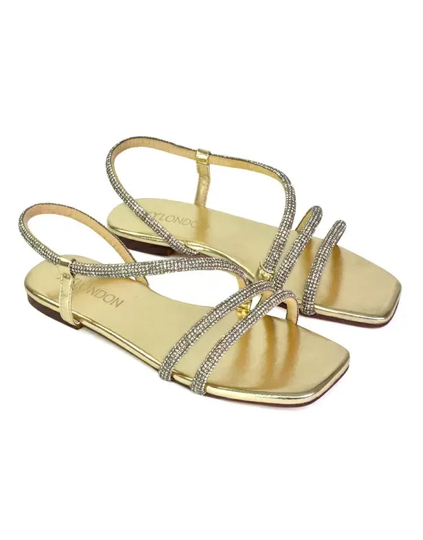 Dove Sparkly Low Heel Square Toe Strappy Diamante Flat Sandals in Gold