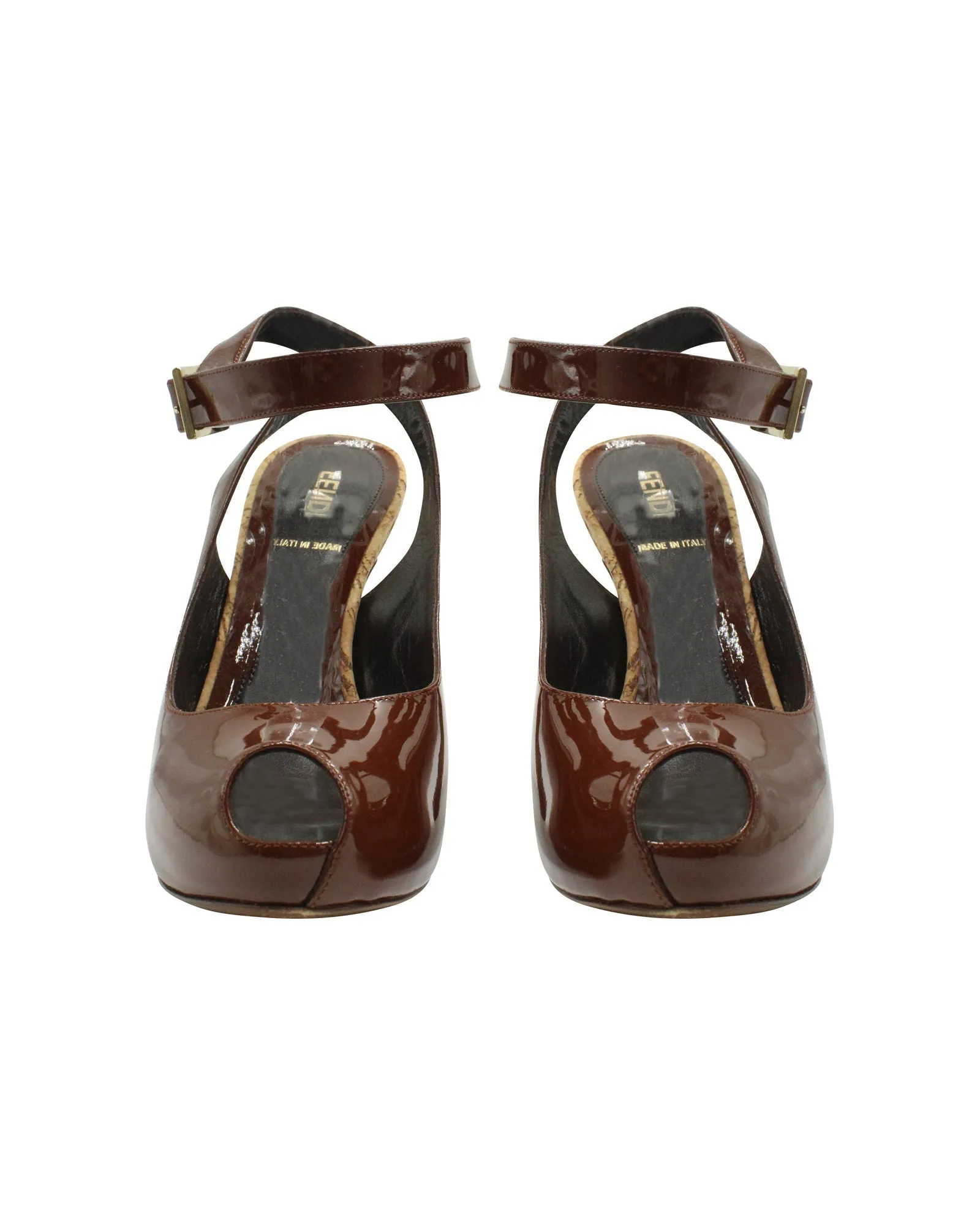 Fendi Peep-Toe Pumps in Brown Patent Leather