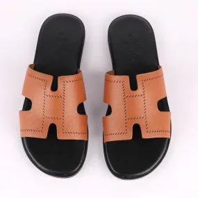Hermes Paris Brown Black Pattern Design Leather Slippers
