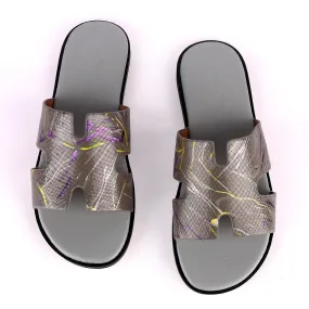 Hermes Paris Grey With Purple and Yellow Design Leather Slippers