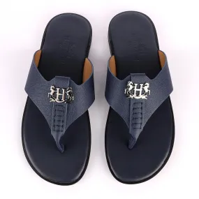 Hermes Paris With Logo Blue Leather Slippers