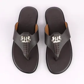 Hermes Paris With Logo Coffee Leather Slippers