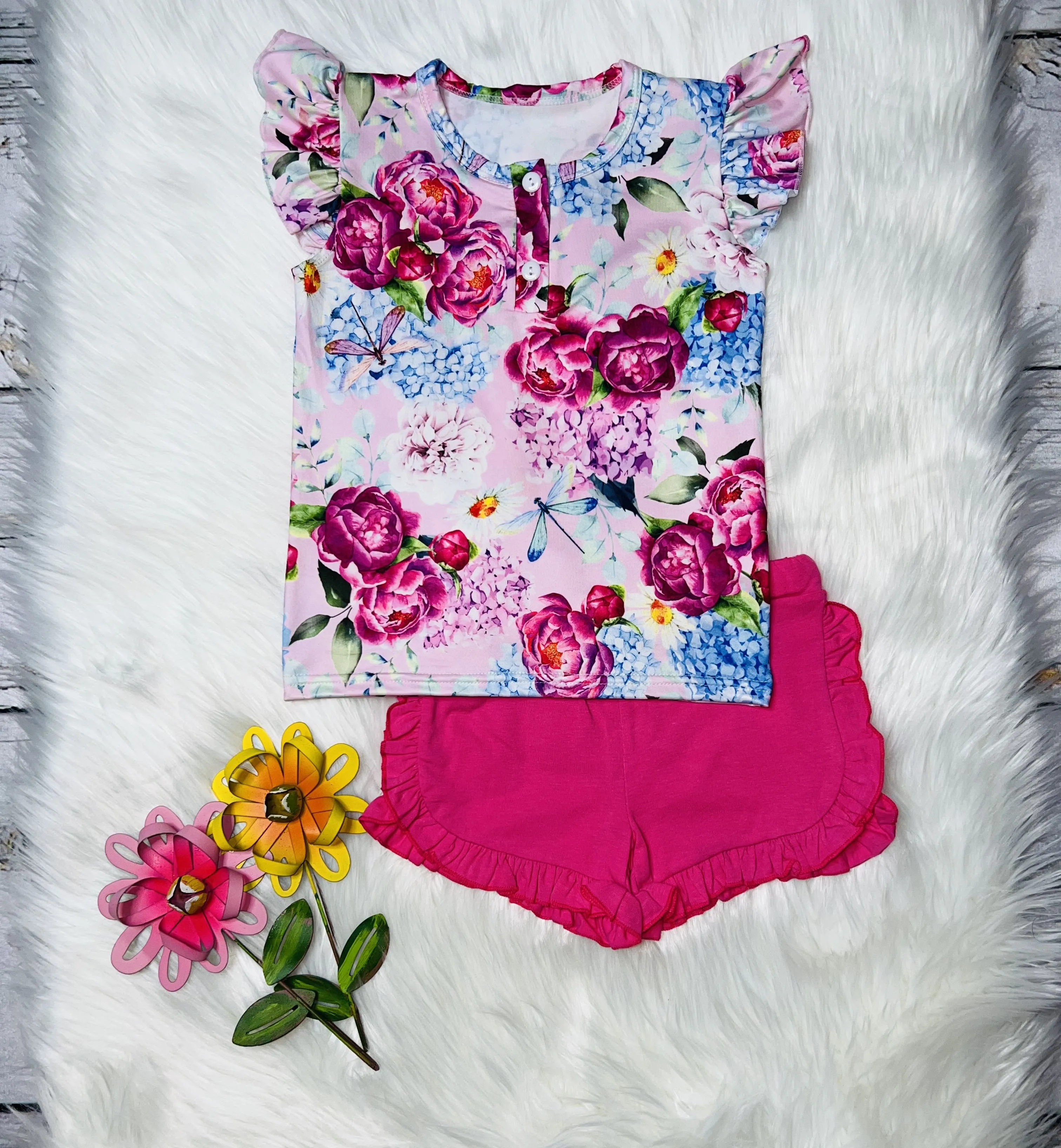 Hot pink floral short sleeve 2pc short & top set DLH1215-16
