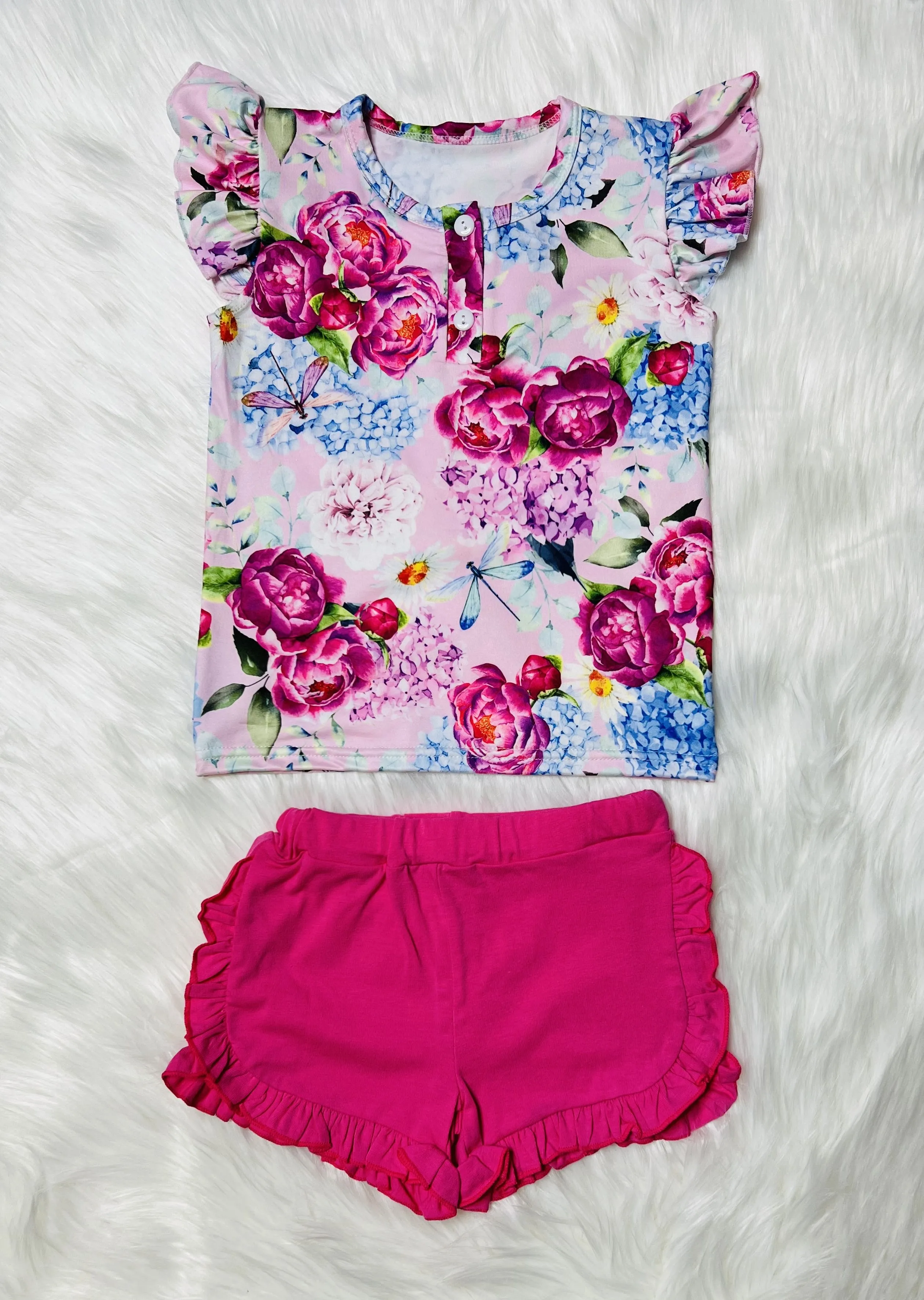 Hot pink floral short sleeve 2pc short & top set DLH1215-16