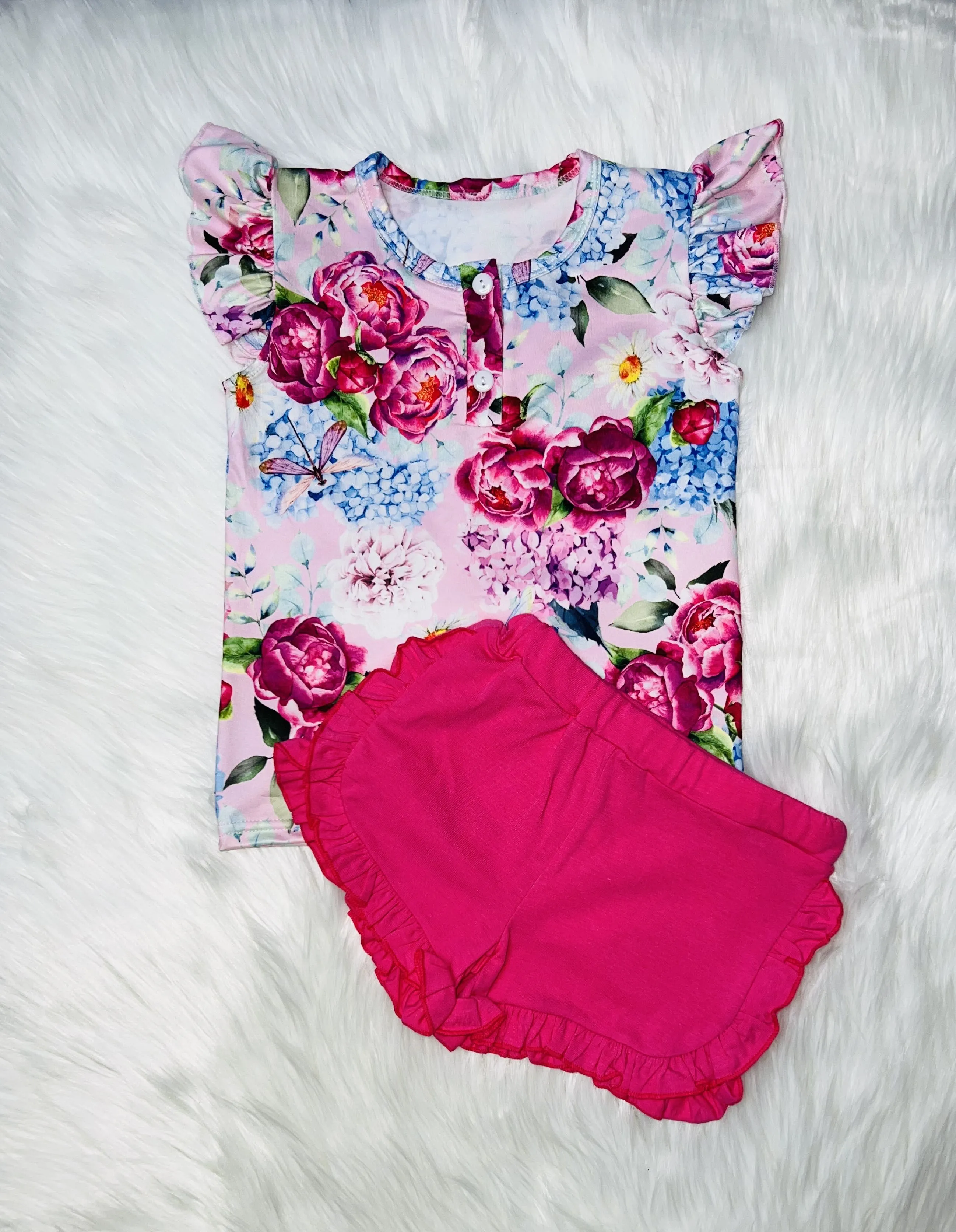 Hot pink floral short sleeve 2pc short & top set DLH1215-16