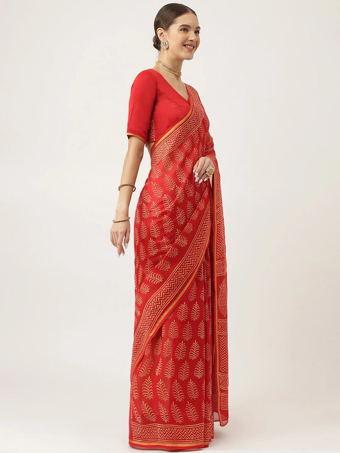 Jashvi Red HandBlock Chanderi Silk Saree