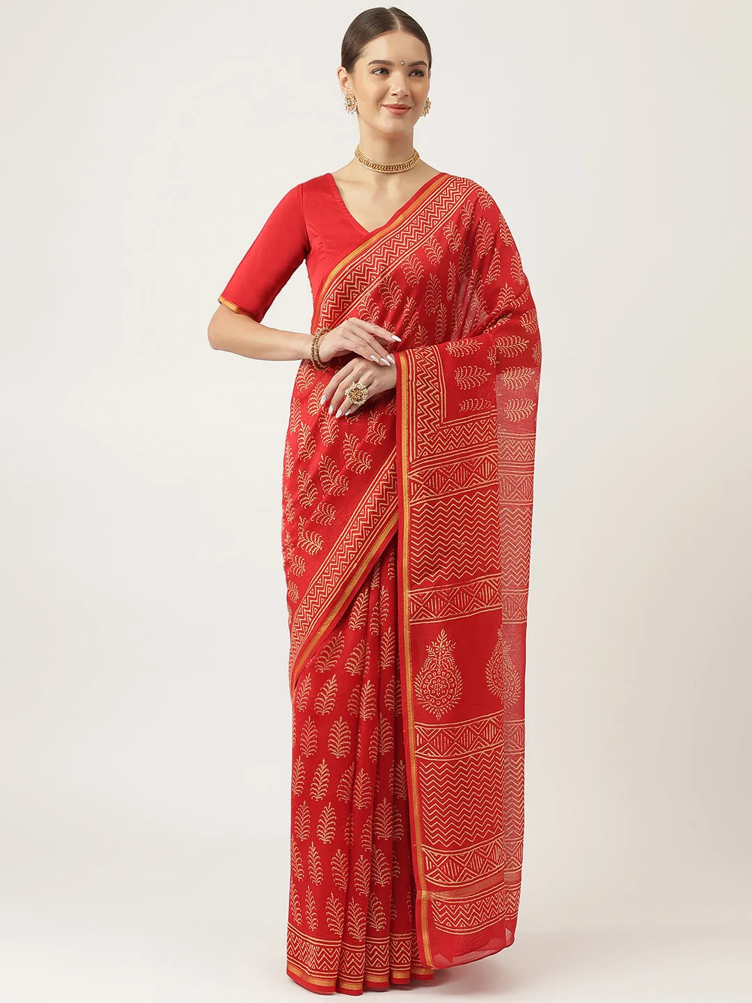 Jashvi Red HandBlock Chanderi Silk Saree