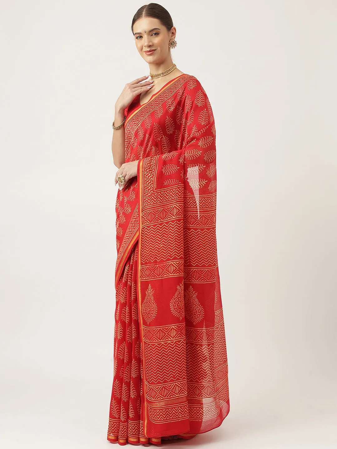 Jashvi Red HandBlock Chanderi Silk Saree