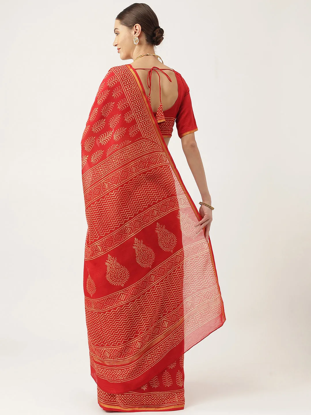 Jashvi Red HandBlock Chanderi Silk Saree