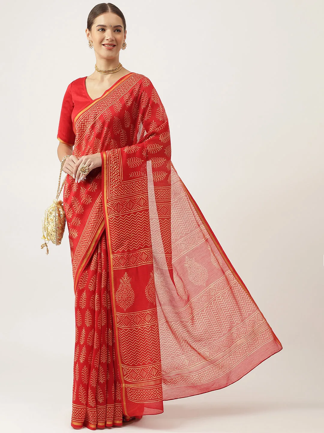 Jashvi Red HandBlock Chanderi Silk Saree
