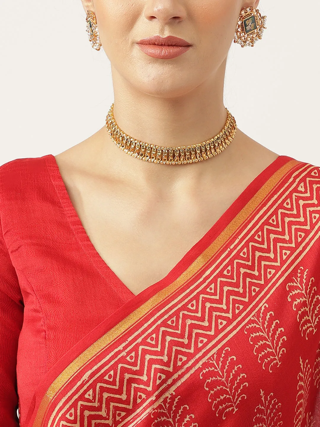 Jashvi Red HandBlock Chanderi Silk Saree