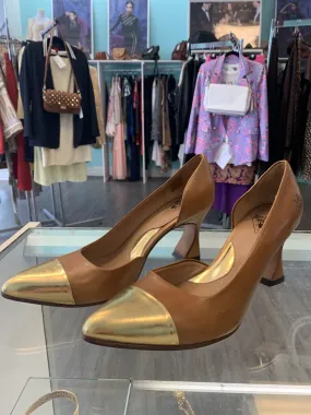 John Fluevog Brown Leather and Gold Pumps Size 8.5