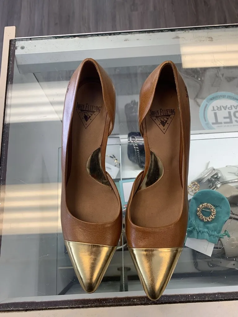 John Fluevog Brown Leather and Gold Pumps Size 8.5