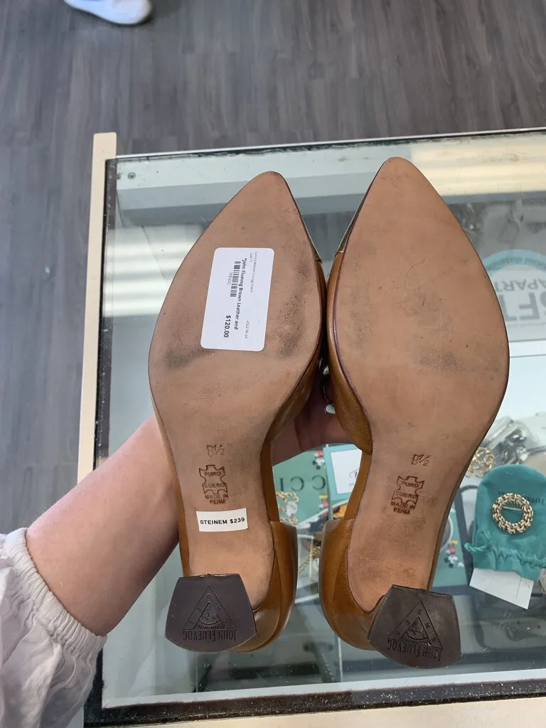 John Fluevog Brown Leather and Gold Pumps Size 8.5