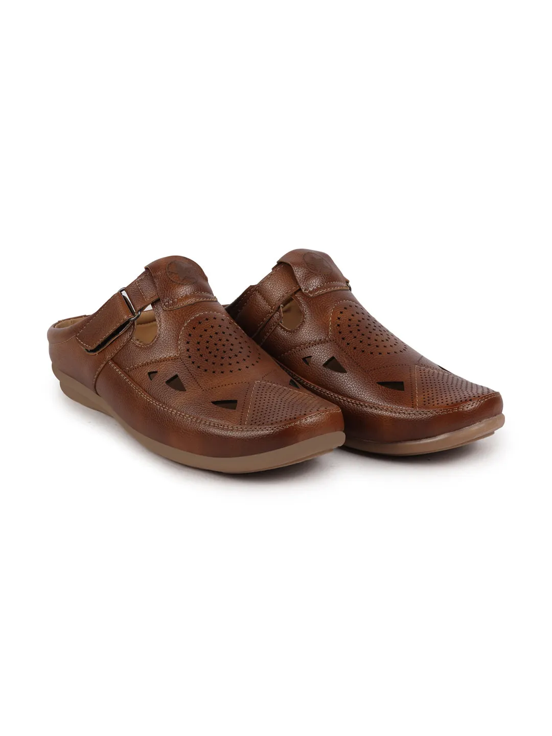 Men Tan Back Open Perforated Breathable Contrast Sole Casual Sandal|Adujstable Strap Stitched Slip On Sandal