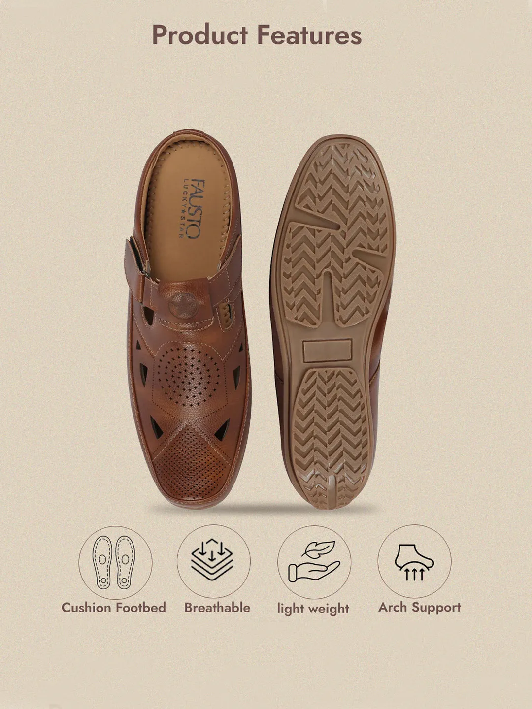 Men Tan Back Open Perforated Breathable Contrast Sole Casual Sandal|Adujstable Strap Stitched Slip On Sandal