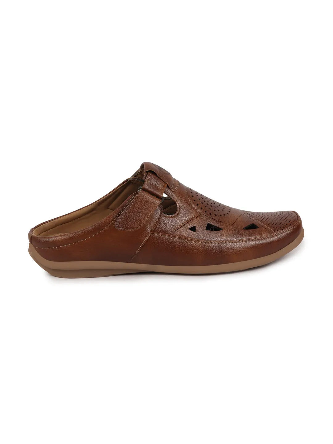 Men Tan Back Open Perforated Breathable Contrast Sole Casual Sandal|Adujstable Strap Stitched Slip On Sandal