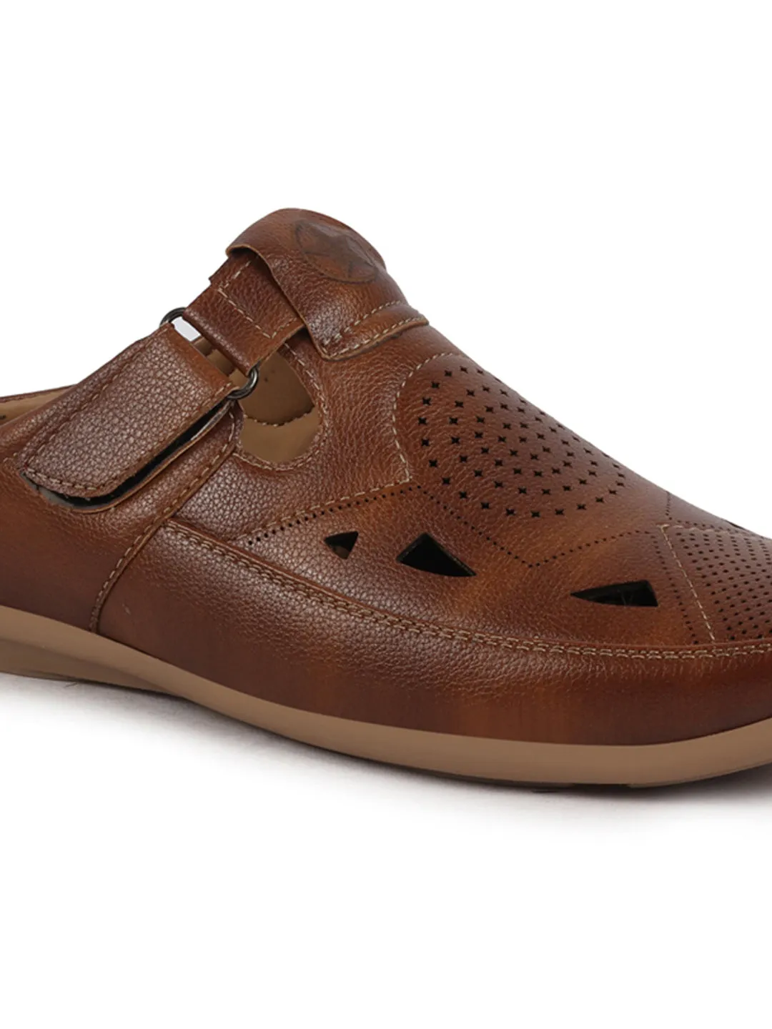 Men Tan Back Open Perforated Breathable Contrast Sole Casual Sandal|Adujstable Strap Stitched Slip On Sandal