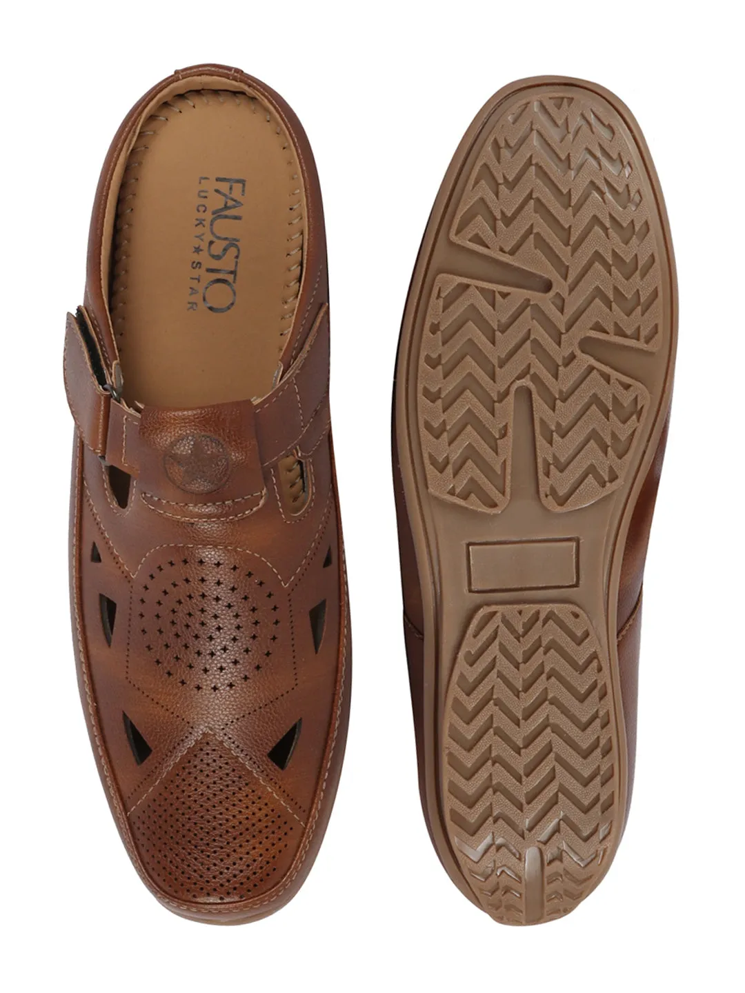 Men Tan Back Open Perforated Breathable Contrast Sole Casual Sandal|Adujstable Strap Stitched Slip On Sandal