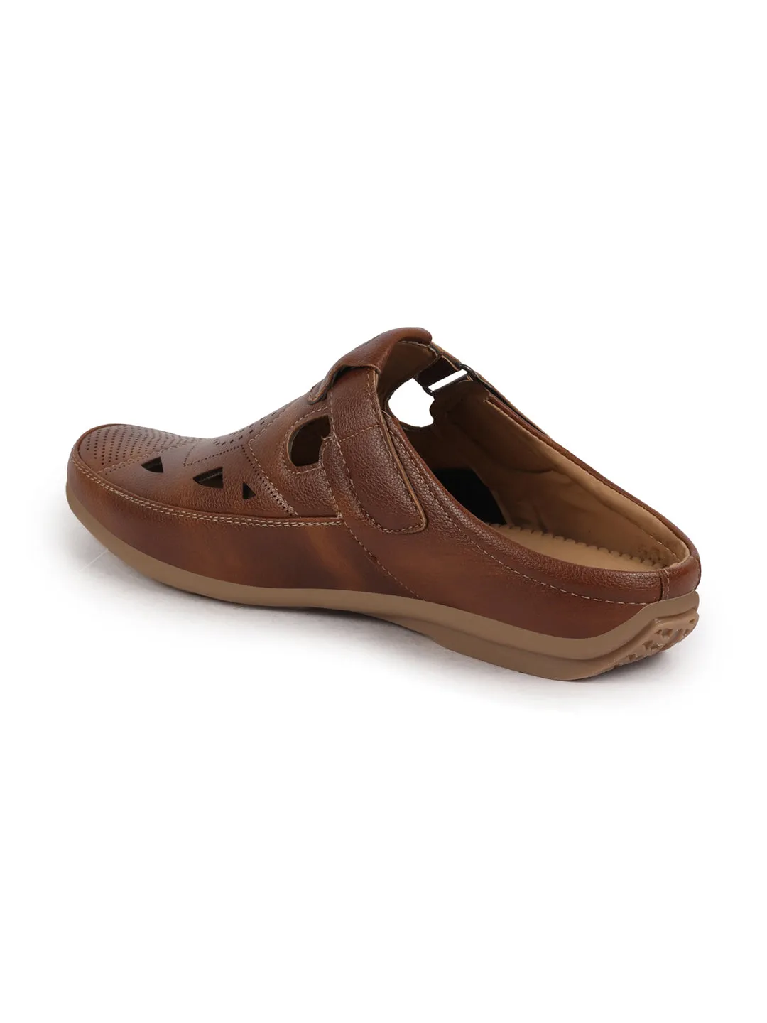 Men Tan Back Open Perforated Breathable Contrast Sole Casual Sandal|Adujstable Strap Stitched Slip On Sandal