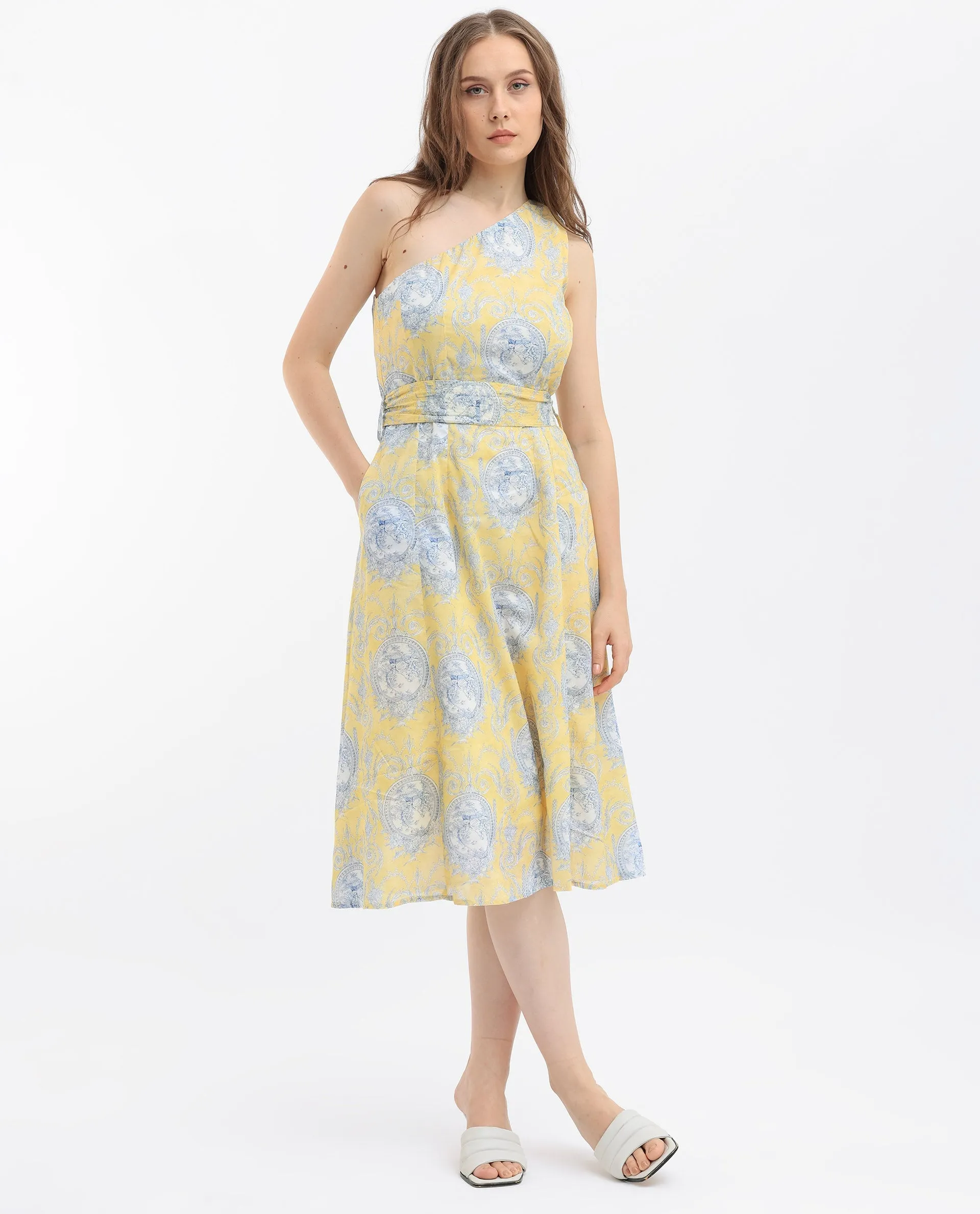 Rareism Women Bermera Multi Cotton Fabric Sleeveless Zip Closure One Shoulder One Shoulder Fit And Flare Ornamental Print Midi Dress