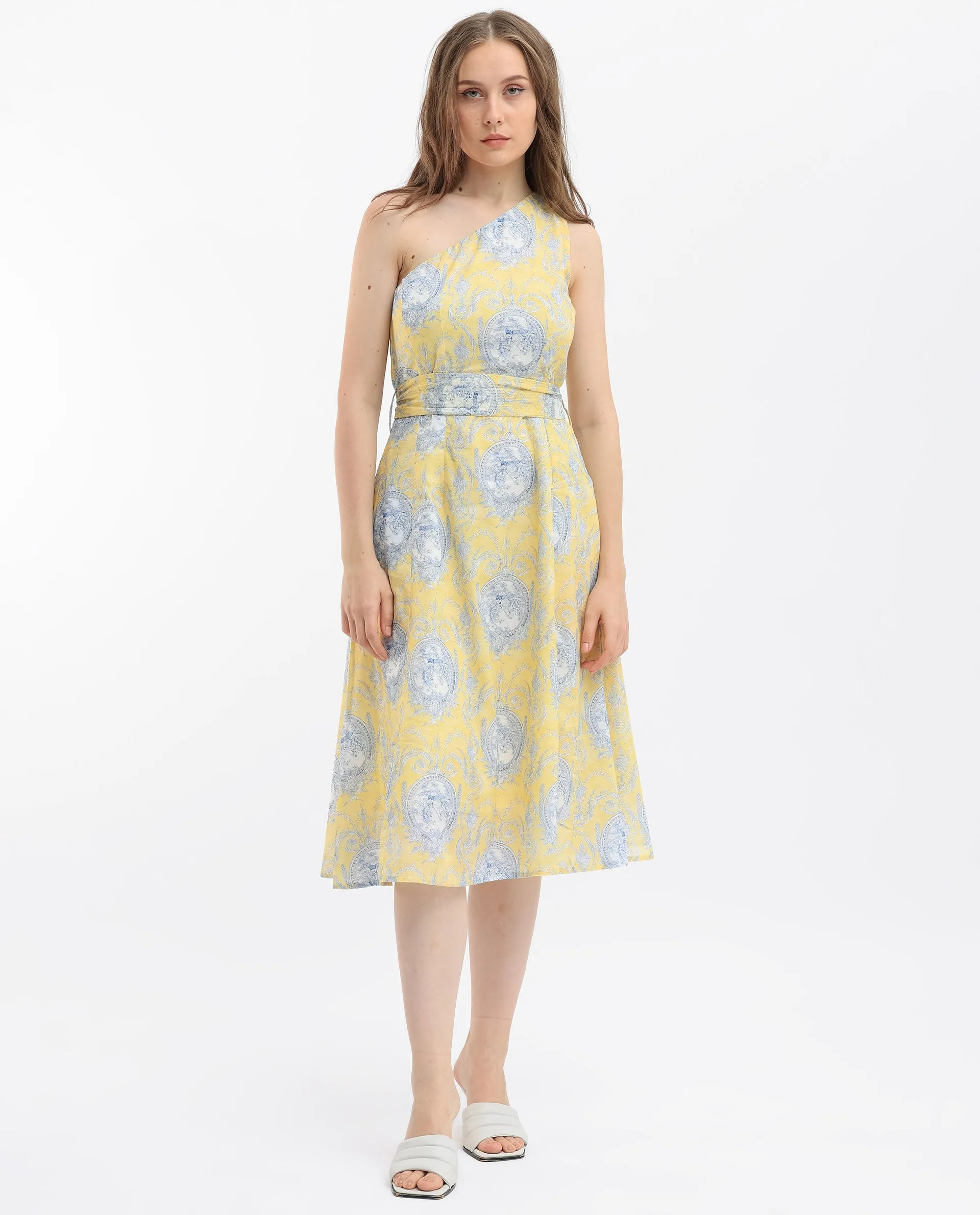 Rareism Women Bermera Multi Cotton Fabric Sleeveless Zip Closure One Shoulder One Shoulder Fit And Flare Ornamental Print Midi Dress