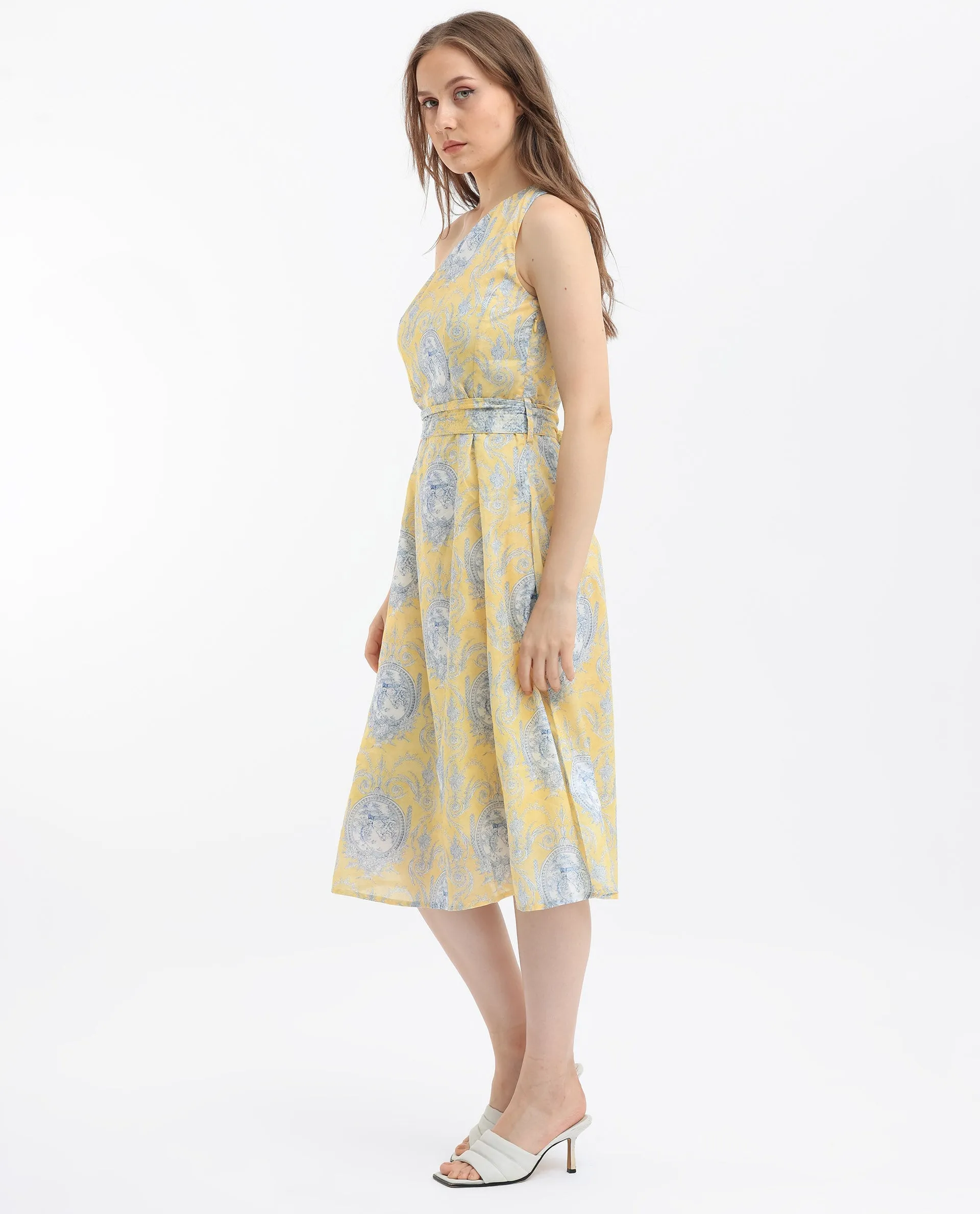 Rareism Women Bermera Multi Cotton Fabric Sleeveless Zip Closure One Shoulder One Shoulder Fit And Flare Ornamental Print Midi Dress