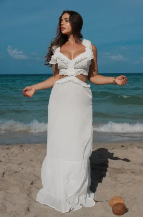 'Saint Mesa' Cut Out Ruffled Vacation Maxi Dress in White