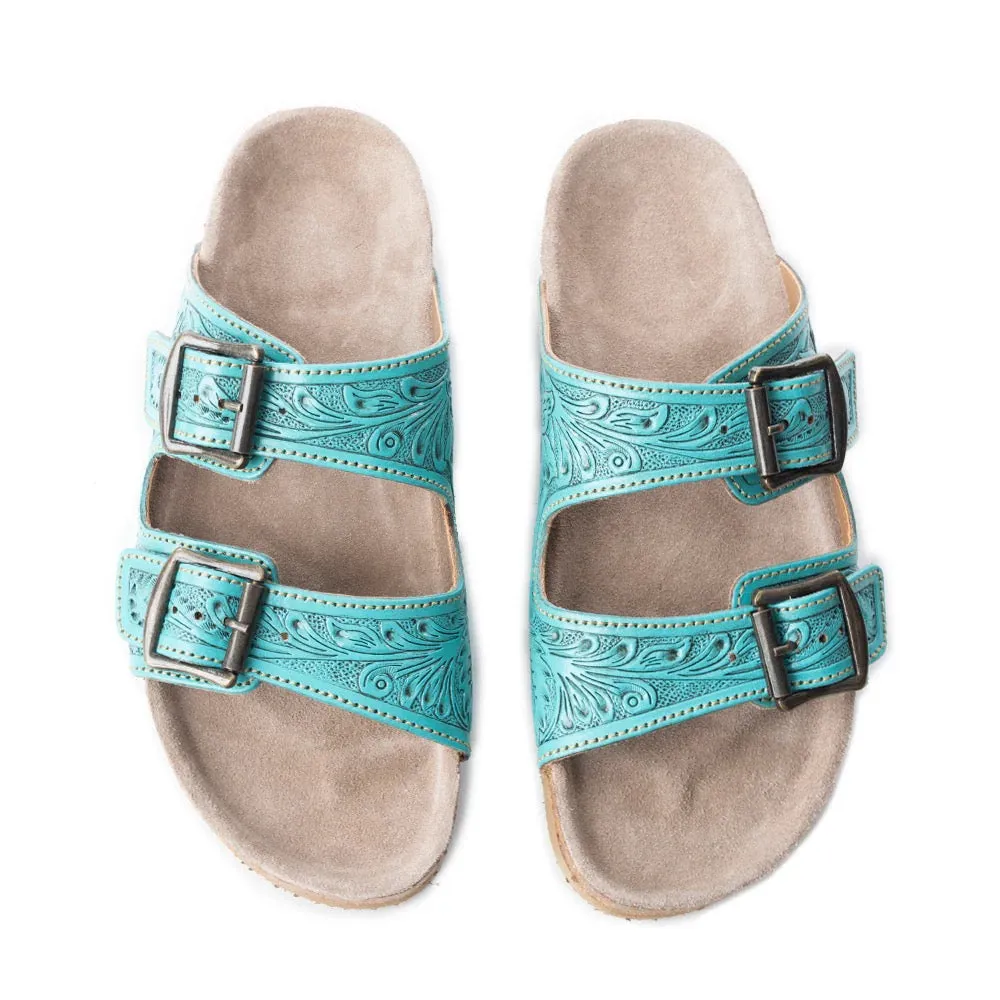 Turquoise Wildflower Wanderer Leather Tooled Sandals