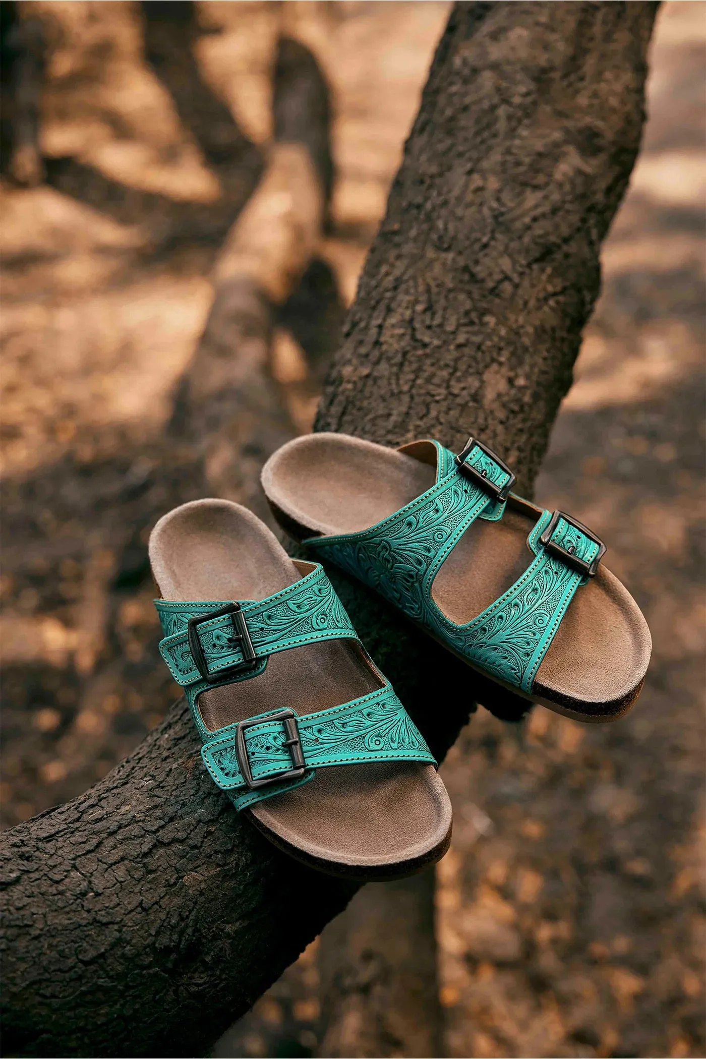 Turquoise Wildflower Wanderer Leather Tooled Sandals