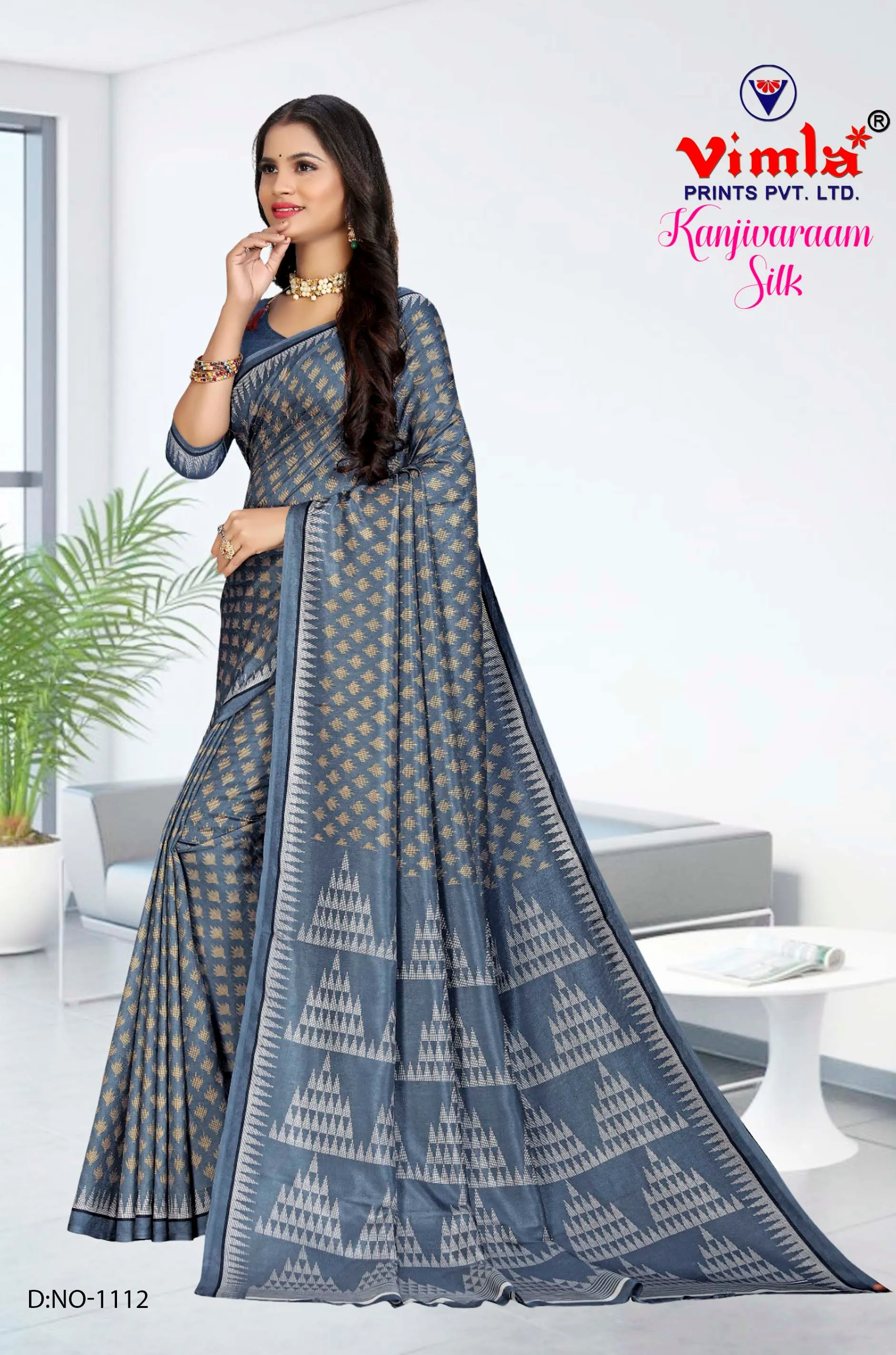 Vimla Women's Kanjivaraam Art Silk Uniform Saree with Blouse Piece (1112_Dark Blue)