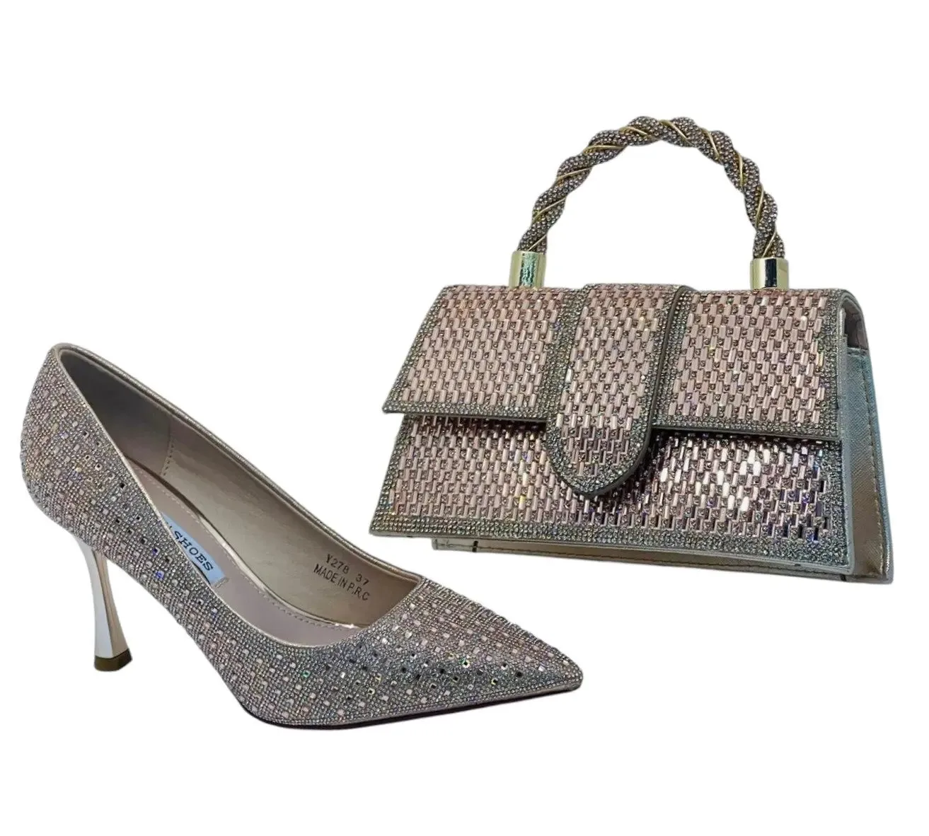 Yunai Glitter Pointed Heels and Rhinestone Twisted Rope Handbag Set