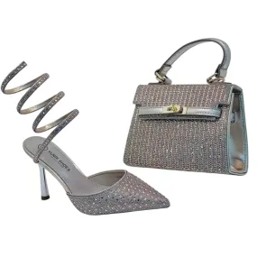 Yunai Strappy Rhinestone Spiral High Heels and Mini Handbag Set